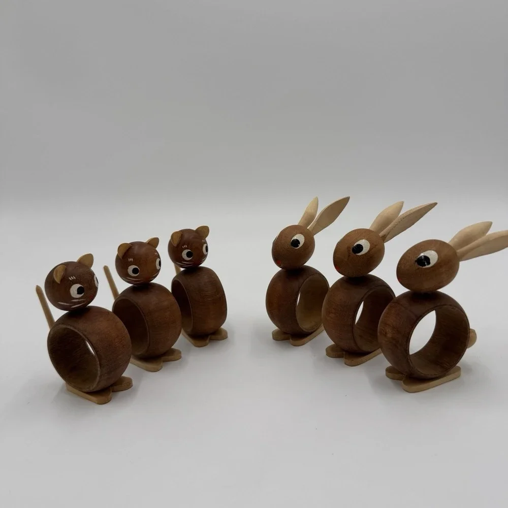 Set of 4 Vintage Wood Napkin Rings Feri Italy MCM Cat Dog Rabbit Elephant